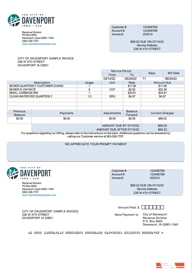 USA Iowa City of Davenport utility bill template in Word and PDF format